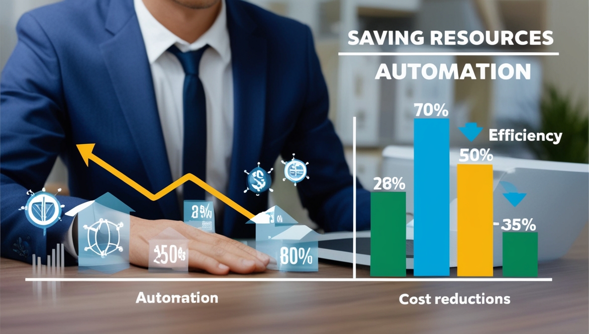 empresa economizando recursos por meio da automação, mostrando gráficos de redução de custos e eficiência.