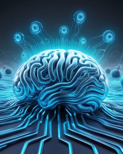 Representação visual de um sistema inteligente processando informações e tomando decisões automaticamente.